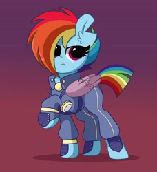 Size: 3732x4096 | Tagged: safe, artist:kittyrosie, rainbow dash, pony, the cutie re-mark, alternate timeline, amputee, apocalypse dash, armor, artificial wings, augmented, badass, clothes, crystal war timeline, cute, dashabetes, female, frown, glare, gradient background, prosthetic limb, prosthetic wing, prosthetics, scar, simple background, solo, torn ear, uniform, wings