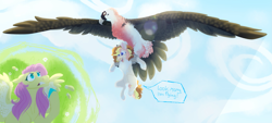 Size: 2973x1345 | Tagged: safe, artist:kazoowary, fluttershy, oc, oc:bird cherry, bird, earth pony, pegasus, pony, g4, colored hooves, feather, female, filly, flying, lammergeier, mare, molting, nervous, offspring, parent:cheese sandwich, parent:fluttershy, parents:fluttersandwich, worried