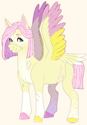 Size: 725x1036 | Tagged: safe, artist:corisodapop, fluttershy, pony, g4, alternate design, alternate hairstyle, colored wings, multicolored wings, pink background, scar, simple background, solo, tail feathers, wings