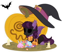 Size: 1200x1007 | Tagged: safe, artist:pgthehomicidalmaniac, oc, oc only, oc:trickster treat, bat pony, pony, candle, candy, female, food, halloween, hat, holiday, jack-o-lantern, lying down, mare, mask, prone, pumpkin, simple background, solo, transparent background, witch hat