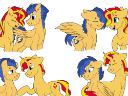 Size: 1024x768 | Tagged: safe, artist:icicle-niceicle-1517, artist:valkiria, color edit, edit, flash sentry, sunset shimmer, pegasus, pony, unicorn, g4, alternate hairstyle, collaboration, colored, eyes closed, female, flare warden, gay, half r63 shipping, lesbian, male, mare, my little colt, open mouth, raised hoof, rule 63, ship:flareglare, ship:flareshimmer, ship:flashimmer, ship:glaresentry, shipping, simple background, stallion, straight, sunset glare, sweat, sweatdrop, transparent background