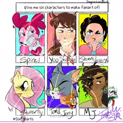Size: 1536x1533 | Tagged: safe, artist:imaginationblur, fluttershy, cat, gem (race), human, hybrid, mouse, pegasus, pony, g4, spoiler:steven universe: the movie, blood, bust, clothes, crossover, crying, default spinel, eyelashes, female, gem, gritted teeth, i love yoo, jerry mouse, male, mare, mary jane watson, nosebleed, six fanarts, spider-man, spinel, spinel (steven universe), spoilers for another series, steven quartz universe, steven universe, steven universe: the movie, tom and jerry, tom cat