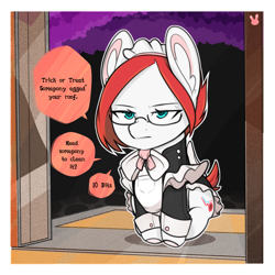 Size: 1200x1200 | Tagged: safe, artist:sugarelement, oc, oc only, oc:red cherry, pegasus, pony, clothes, glasses, halloween, holiday, maid, maid headdress, sitting, solo, trick or treat, unamused