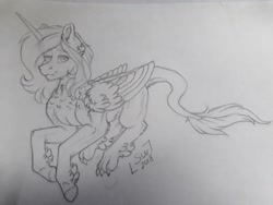 Size: 1440x1080 | Tagged: safe, artist:silentwolf-oficial, oc, oc only, alicorn, pony, alicorn oc, chest fluff, feathered fetlocks, horn, leonine tail, lineart, signature, traditional art, wings