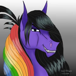 Size: 1080x1080 | Tagged: safe, artist:stargazerseven, oc, oc only, earth pony, pony, bust, earth pony oc, gradient background, grin, multicolored hair, rainbow hair, signature, smiling, solo