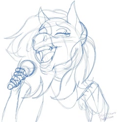 Size: 1080x1080 | Tagged: safe, artist:stargazerseven, oc, oc only, oc:starfall, earth pony, anthro, bust, earth pony oc, eyes closed, lineart, microphone, monochrome, signature, singing, solo