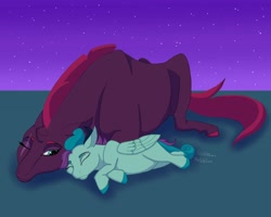 Size: 1280x1024 | Tagged: safe, artist:stargazerseven, tempest shadow, oc, pegasus, pony, unicorn, g4, broken horn, duo, eye scar, female, filly, horn, mare, mother and child, mother and daughter, night, offspring, one eye closed, parent:tempest shadow, pegasus oc, scar, sleeping, wings, wink
