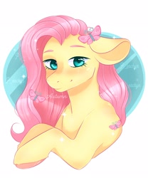 Size: 2160x2600 | Tagged: safe, artist:peachieswrld, fluttershy, butterfly, pony, g4, abstract background, bust, cute, female, hair accessory, high res, mare, shyabetes, solo, unshorn fetlocks