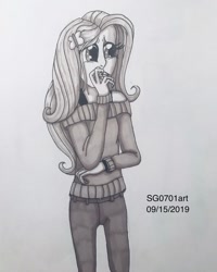 Size: 1080x1350 | Tagged: safe, artist:stargazerseven, fluttershy, human, g4, clothes, grayscale, humanized, monochrome, pants, solo, thinking, traditional art