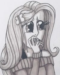 Size: 1080x1350 | Tagged: safe, alternate version, artist:stargazerseven, fluttershy, human, g4, bust, clothes, grayscale, humanized, monochrome, solo, thinking, traditional art