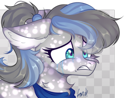 Size: 1384x1061 | Tagged: safe, artist:mint-light, oc, oc only, oc:scotia, earth pony, pony, bust, chest fluff, clothes, commission, earth pony oc, eyelashes, floppy ears, headscarf, neckerchief, scarf, signature, simple background, solo, transparent background, worried, ych result