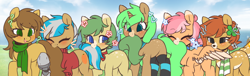 Size: 4962x1500 | Tagged: safe, artist:stablegrass, derpibooru exclusive, oc, oc only, oc:clementine, oc:clover springs, oc:jade sprockett, oc:olive branch, oc:tori, oc:valencia orange, deer, deer pony, earth pony, original species, pegasus, pony, unicorn, amputee, ascot, biting, blank flank, blushing, clothes, clover, collar, cute, cutie mark, female, field, freckles, group, grumpy, height difference, looking at each other, looking back, mare, markings, nom, nom train, prosthetic leg, prosthetic limb, prosthetics, scarf, smiling, socks, spots, sweater, tail bite, tail noms, thigh highs