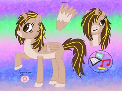Size: 2560x1920 | Tagged: safe, artist:twin-fan, oc, oc only, alicorn, pony, abstract background, alicorn oc, bust, computer, ear piercing, female, hair over one eye, horn, laptop computer, mare, piercing, raised hoof, reference sheet, unshorn fetlocks, wings