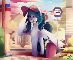 Size: 3538x2902 | Tagged: safe, artist:nevobaster, oc, oc only, oc:delta vee, pegasus, pony, bus stop, cute, eye clipping through hair, female, glasses, hat, mare, ocbetes, smiling, solo, suitcase, university, wing hold, wings, younger