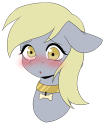 Size: 4206x5007 | Tagged: safe, artist:torihime, derpy hooves, pegasus, pony, g4, blushing, bone, bust, collar, commission, cute, derpabetes, female, mare, open mouth, pet tag, simple background, solo, transparent background, ych result
