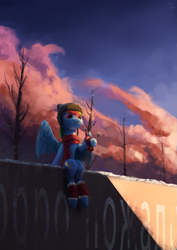 Size: 1187x1680 | Tagged: safe, artist:smg11-on-ddjrb, rainbow dash, pegasus, pony, g4, clothes, cloud, coca-cola, cyrillic, drink, drinking, female, hat, leg warmers, mare, scarf, sitting, solo, straw, winter, winter outfit