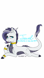 Size: 720x1280 | Tagged: safe, artist:lisaartista365, oc, oc only, oc:jewel, dracony, hybrid, bracelet, dracony oc, female, interspecies offspring, jewelry, leonine tail, lying down, necklace, next generation, offspring, parent:rarity, parent:spike, parents:sparity, simple background, tongue out, white background