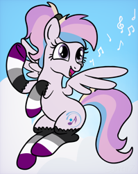 Size: 1536x1928 | Tagged: safe, artist:sjart117, oc, oc only, oc:orient duetta wonder, pony, asexual, asexual awarness week, asexual pride flag, asexuality, clothes, cloud, female, flying, happy, mare, mole, music notes, pride, pride flag, pride socks, singing, sky, smiling, socks, solo, striped socks