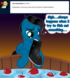Size: 7200x8059 | Tagged: safe, artist:agkandphotomaker2000, oc, oc:pony video maker, pegasus, pony, tumblr:pony video maker's blog, apple, apple bobbing, ask, bipedal, boot, dialogue, food, show accurate, thought bubble, tumblr, unamused, water, wet, wet mane