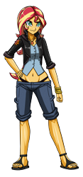 Size: 1408x3000 | Tagged: safe, artist:artemis-polara, sunset shimmer, equestria girls, g4, 5 toes, alternate design, barefoot, belly button, bracelet, clothes, denim, dickgirl, feet, female, fetish, five toes, foot fetish, futa, geode of empathy, intersex, jacket, jean, jean pants, jeans, jewelry, long jean, long jean pants, long jeans, long overalls, long overrall, long pant, long pants, magical geodes, overalls, overrall, panties, panting, pants, sandals, shorts, simple background, solo, thong, toes, transparent background, underwear