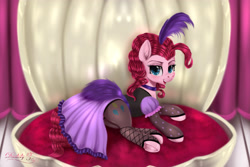 Size: 4500x3000 | Tagged: safe, artist:darksly, pinkie pie, earth pony, pony, g4, over a barrel, alternate hairstyle, clam, clothes, collar, dress, female, headdress, looking at you, mare, saloon dress, saloon pinkie, solo, stockings, thigh highs, underhoof