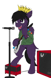 Size: 3169x4821 | Tagged: safe, artist:kamithepony, oc, oc only, oc:firesale, pegasus, pony, crown, fangs, guitar, jewelry, microphone, musical instrument, musician, piercing, sierra nevada, simple background, solo, tattoo, transparent background