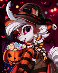 Size: 2550x3209 | Tagged: safe, artist:pridark, part of a set, oc, oc only, lycanroc, pony, candy, clothes, commission, food, halloween, high res, holiday, horn, jack-o-lantern, midnight lycanroc, nintendo, open mouth, pokémon, ponified, pumpkin, socks, solo, striped socks, ych result