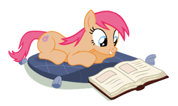 Size: 1422x846 | Tagged: safe, artist:elementbases, artist:moonlightthegriffon, tropical spring, earth pony, pony, g4, book, female, happy, mare, pillow, reading, simple background, solo, white background