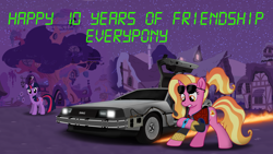 Size: 3840x2160 | Tagged: safe, artist:ejlightning007arts, luster dawn, twilight sparkle, pony, unicorn, mlp fim's tenth anniversary, g4, the last problem, 10, anniversary, back to the future, car, clothes, confused, cosplay, costume, crossover, delorean, dmc, golden oaks library, happy birthday mlp:fim, high res, marty mcfly, night, ponyville, time travel, unicorn twilight, wallpaper