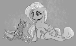 Size: 767x473 | Tagged: safe, artist:zigragirl, fluttershy, changeling, nymph, pegasus, pony, g4, buggo, cute, cuteling, female, mare, monochrome, shyabetes, traditional art