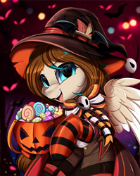 Size: 2550x3209 | Tagged: safe, artist:pridark, part of a set, oc, oc only, oc:amora bunny, pegasus, pony, candy, clothes, commission, cute, female, food, halloween, hat, high res, holiday, jack-o-lantern, mare, ocbetes, open mouth, pumpkin, socks, solo, striped socks, witch hat, ych result
