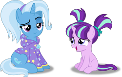 Size: 6151x3891 | Tagged: safe, artist:anime-equestria, starlight glimmer, trixie, pony, unicorn, g4, alternate hairstyle, babysitter trixie, clothes, cute, duo, female, filly, filly starlight glimmer, glimmerbetes, hairband, hoodie, mare, pigtails, simple background, smiling, transparent background, vector, younger