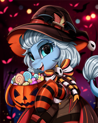 Size: 2550x3209 | Tagged: safe, artist:pridark, part of a set, oc, oc only, earth pony, pony, candy, clothes, commission, food, halloween, hat, high res, holiday, jack-o-lantern, pumpkin, socks, solo, striped socks, witch hat, ych result
