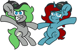 Size: 2223x1447 | Tagged: safe, artist:threetwotwo32232, oc, oc only, oc:starry gaze, oc:trivial pursuit, earth pony, pony, unicorn, cute, drugs, duo, grin, hat, holding hooves, marijuana, simple background, smiling, smug, transparent background, weed ass