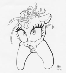 Size: 906x1000 | Tagged: safe, artist:abronyaccount, rarity, pony, g4, it isn't the mane thing about you, black and white, bust, female, grayscale, ink drawing, inktober, inktober 2020, mare, monochrome, open mouth, portrait, raribald, signature, squishy cheeks, traditional art
