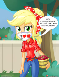 Size: 1500x1942 | Tagged: safe, artist:dieart77, applejack, equestria girls, five to nine, g4, my little pony equestria girls: better together, apple, bucket, coronavirus, covid-19, face mask, food, looking at you, mask, speech bubble, talking to viewer, tree, working