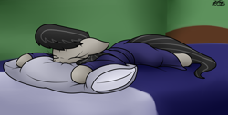 Size: 1804x917 | Tagged: safe, artist:the-furry-railfan, octavia melody, earth pony, pony, bathrobe, bed, bedroom, clothes, comfy, eyes closed, pillow, robe, sleeping, solo
