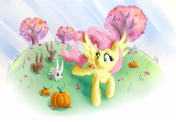 Size: 5000x3455 | Tagged: safe, artist:nedemai, fluttershy, pegasus, pony, rabbit, g4, absurd resolution, animal, autumn, cheek fluff, chest fluff, cute, ear fluff, female, leaf, leaves, looking at each other, looking at someone, looking back, mare, outdoors, pumpkin, raised hoof, raised leg, running, scenery, shyabetes, smiling, solo, spread wings, tree, turned head, windswept hair, wings