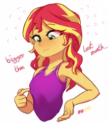 Size: 2810x3200 | Tagged: safe, artist:maren, sunset shimmer, equestria girls, blushing, boob boop, breasts, cute, delicious flat chest, female, implied breast expansion, puberty, shimmerbetes, simple background, solo, squishy, sunflat shimmer, touch, white background, younger