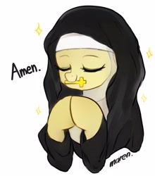 Size: 2900x3293 | Tagged: safe, artist:maren, fluttershy, pegasus, pony, g4, cross, cute, eyes closed, female, flutternun, high res, mare, mouth hold, nun, nun outfit, praying, religion, shyabetes, signature, simple background, solo, sparkles, white background