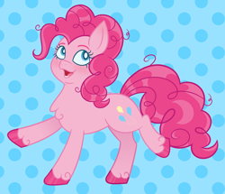 Size: 4300x3700 | Tagged: safe, artist:cherrycandi, pinkie pie, earth pony, pony, g4, blue background, curly hair, cute, diapinkes, eyebrows, female, fluffy, happy, open mouth, polka dot background, ponk, raised leg, simple background, solo, unshorn fetlocks