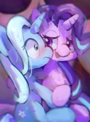 Size: 1000x1359 | Tagged: safe, artist:lexiedraw, starlight glimmer, trixie, pony, unicorn, g4, blushing, duo, duo female, female, hoof hold, lesbian, mare, ship:startrix, shipping