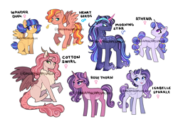 Size: 3000x2100 | Tagged: safe, artist:dreamscapevalley, oc, oc:athena, oc:cotton swirl, oc:heart seeds, oc:isabelle sparkle, oc:morning star, oc:rose thorn, oc:wander dusk, alicorn, draconequus, hybrid, pegasus, pony, unicorn, ambiguous gender, androgynous, colt, female, filly, high res, interspecies offspring, magical lesbian spawn, male, offspring, parent:big macintosh, parent:discord, parent:flash sentry, parent:king sombra, parent:princess cadance, parent:rarity, parent:shining armor, parent:tempest shadow, parent:twilight sparkle, parents:cadmac, parents:discodance, parents:flashlight, parents:rarilight, parents:shiningcadance, parents:tempestdancer, parents:twibra, simple background, straw in mouth, watermark, white background