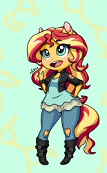 Size: 1272x2053 | Tagged: safe, artist:ameliacostanza, sunset shimmer, equestria girls, g4, breasts, busty sunset shimmer, chibi, cleavage, clothes, cute, devil horn (gesture), digital art, female, jeans, open mouth, pants, ponied up, pony ears, ripped jeans, shimmerbetes, smiling, solo, tail