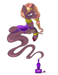Size: 1179x1538 | Tagged: safe, artist:deltafairy, oc, oc only, oc:zirithustra, genie, genie pony, pony, unicorn, bottle, bracelet, bridle, ear piercing, earring, female, floating, hairband, horn, horn ring, jewelry, locket, looking at you, mare, neck rings, piercing, ring, saddle, simple background, smiling, solo, tack, transparent background