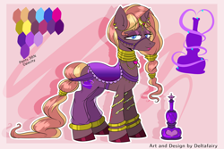Size: 1568x1049 | Tagged: safe, artist:deltafairy, oc, oc only, oc:zirithustra, genie, pony, unicorn, bottle, bracelet, bridle, clothes, cutie mark, ear piercing, earring, female, hairband, horn, horn ring, jewelry, leggings, lidded eyes, locket, looking at you, mare, neck rings, piercing, reference sheet, ring, saddle, smiling, solo, tack