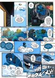 Size: 2480x3508 | Tagged: safe, artist:dsana, oc, oc:lullaby dusk, pegasus, pony, comic:a storm's lullaby, bandaged leg, blown away, cloud, comic, female, filly, high res, lying, lying down, lying on a cloud, on a cloud, on back, plushie, this will not end well