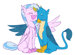 Size: 1280x932 | Tagged: safe, artist:chub-wub, gallus, silverstream, classical hippogriff, griffon, hippogriff, g4, blushing, colored hooves, cuddling, cute, diastreamies, female, gallabetes, hug, interspecies, jewelry, male, necklace, nuzzling, ship:gallstream, shipping, simple background, straight, white background, winghug