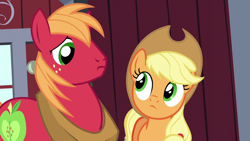 Size: 1280x720 | Tagged: safe, screencap, applejack, big macintosh, earth pony, pony, brotherhooves social, g4, my little pony: friendship is magic, female, looking at each other, male, mare, stallion