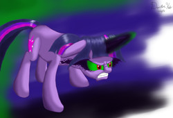 Size: 2972x2018 | Tagged: safe, artist:doctorkolo, twilight sparkle, pony, unicorn, g4, corrupted, corrupted twilight sparkle, dark magic, dark twilight, dark twilight sparkle, darklight, darklight sparkle, female, glowing horn, high res, horn, jewelry, magic, paint tool sai, possessed, regalia, simple background, solo, sombra eyes, twilight is anakin, unicorn twilight